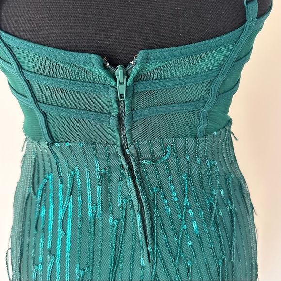 City Vibes Emerald Green Fringe Criss Cross Back Prom Dress w/ Side Split - Picture 11 of 16